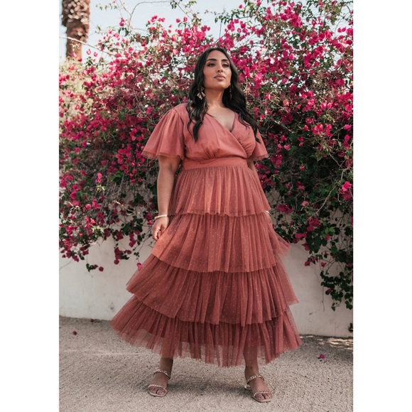 Jessakae Havana Maxi Tulle Ruffle Dress Brick Mauve Pink XS - Picture 2 of 2